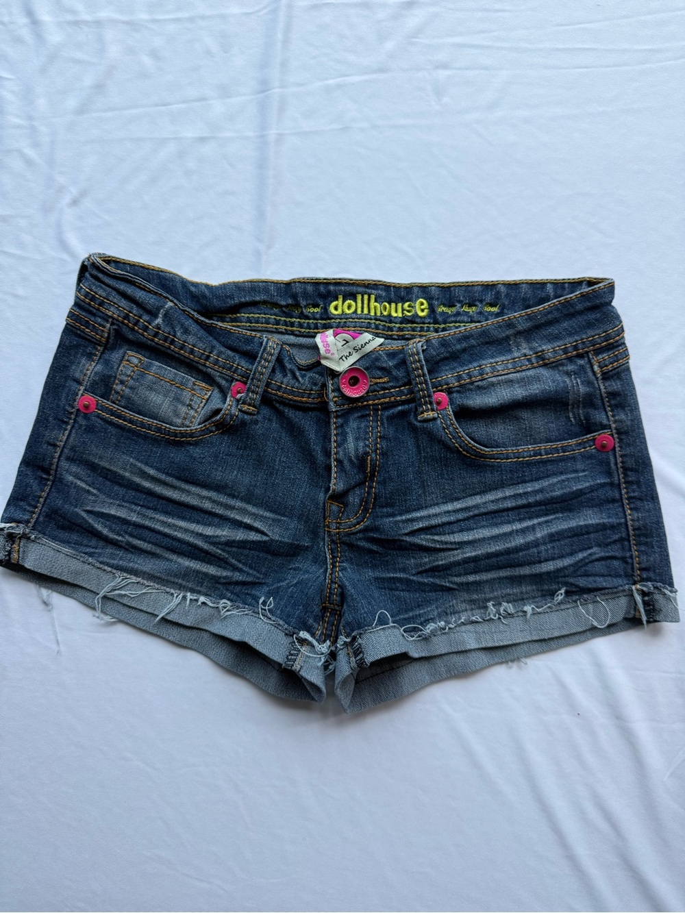2000s Dollhouse Dark Blue Denim Cutoff Shorts with Pink Hardware
